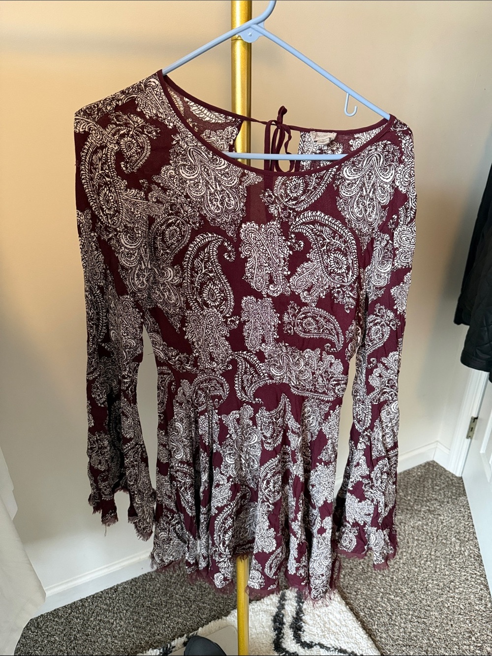 Ecote Burgundy and White Paisley Long-Sleeve Fit-and-Flare Dress